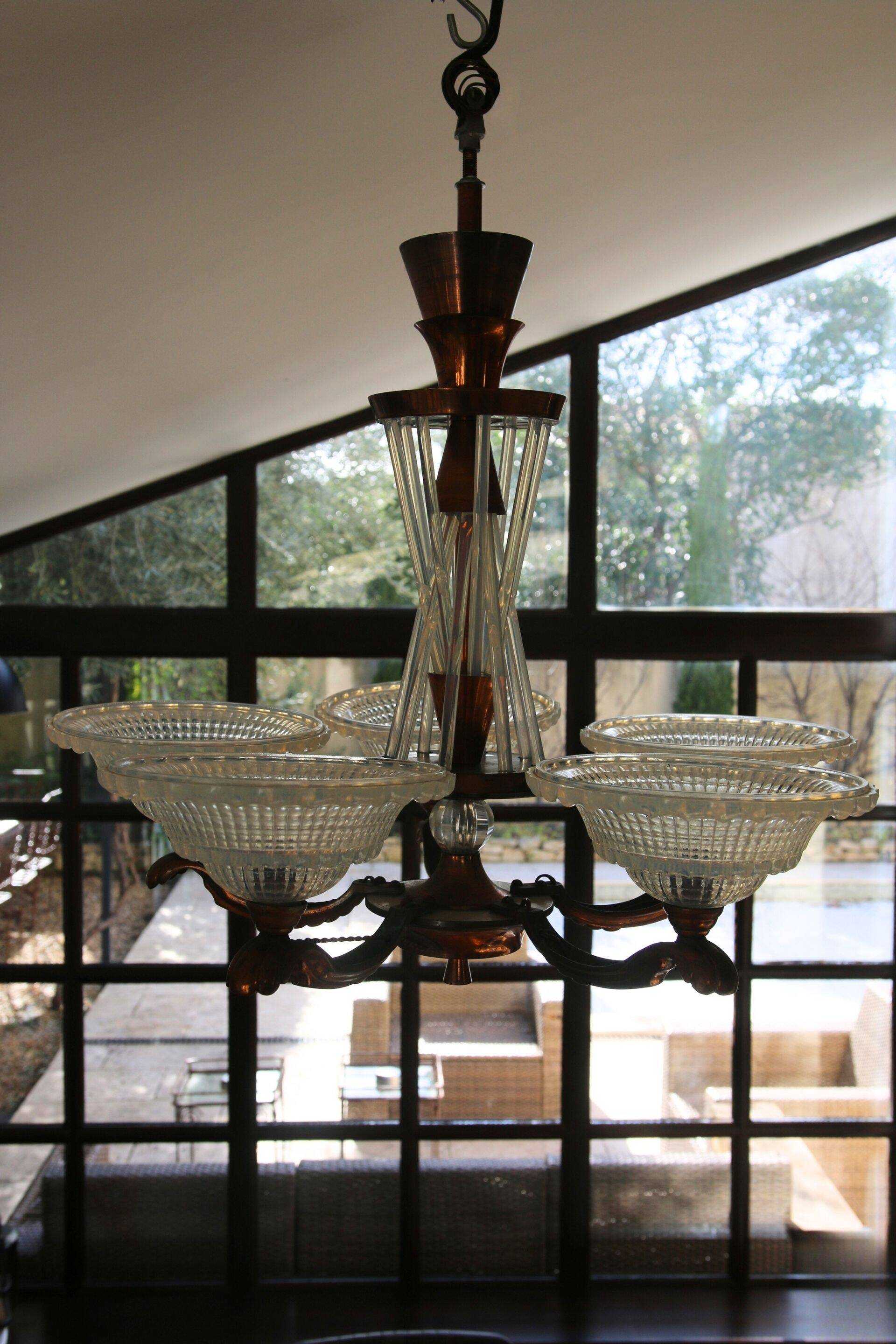 Art Deco lustre, opalescent glass, Ezan & Petitot, signed.