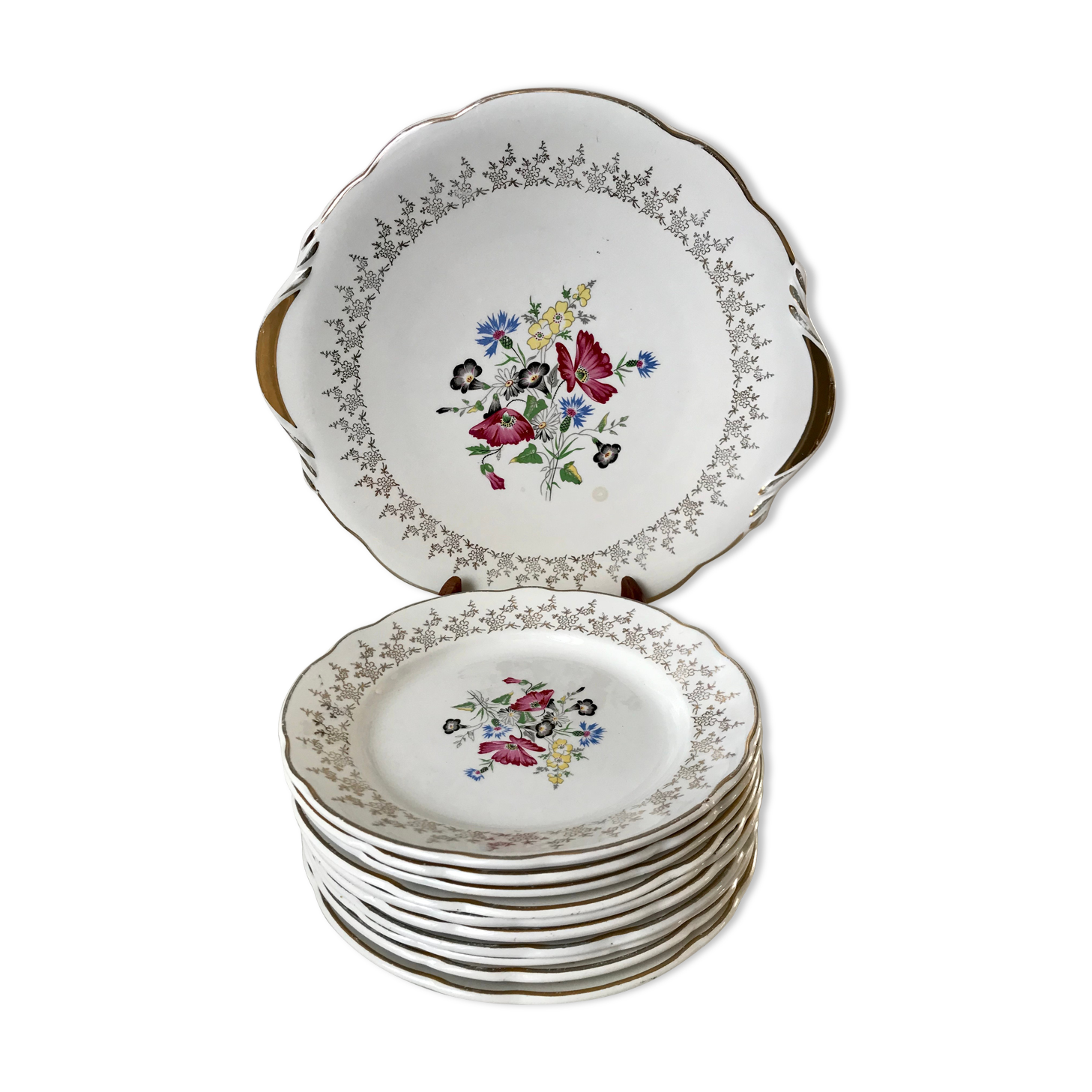 Dessert service cake dish and 10 dessert plates Digoin Sarreguemines Pamplona 50s