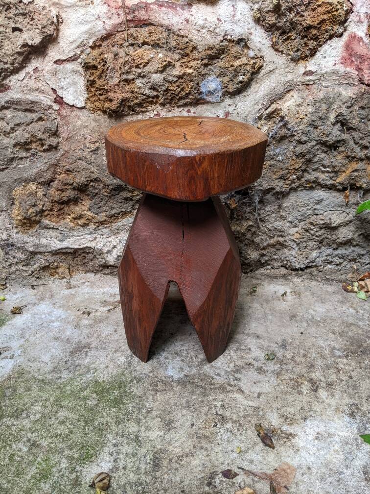 Vintage brutalist carved plant stand stool