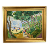 Oil painting “The Basque sailing ships” gilded wooden frame, 1920