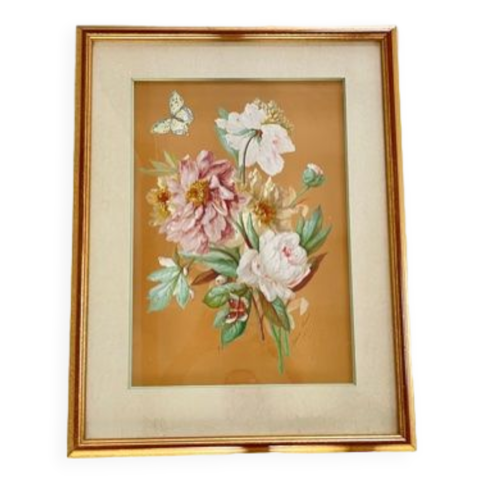 Vintage painting bouquet of peonies with butterflies 1890