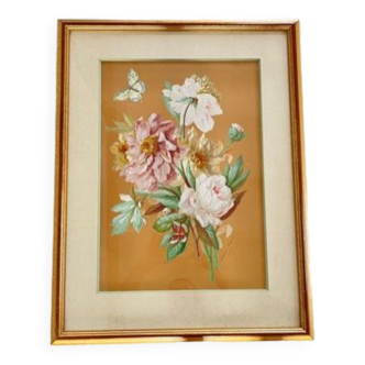 Vintage painting bouquet of peonies with butterflies 1890