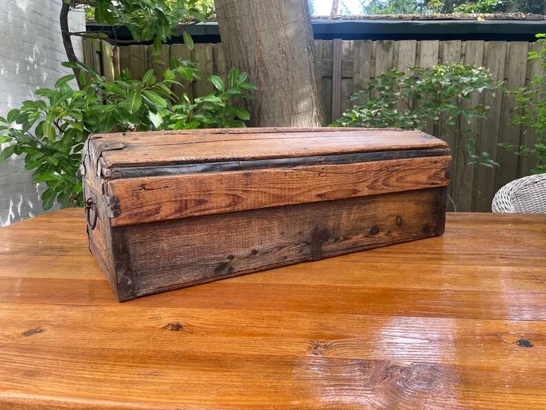 Antique French Wood Iron and Hide Handmade Wood Chest or Trunk