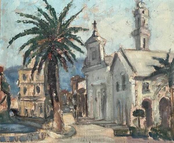 Paysage maritime, vue sur la ville, bâtiment, église, arbre - peinture