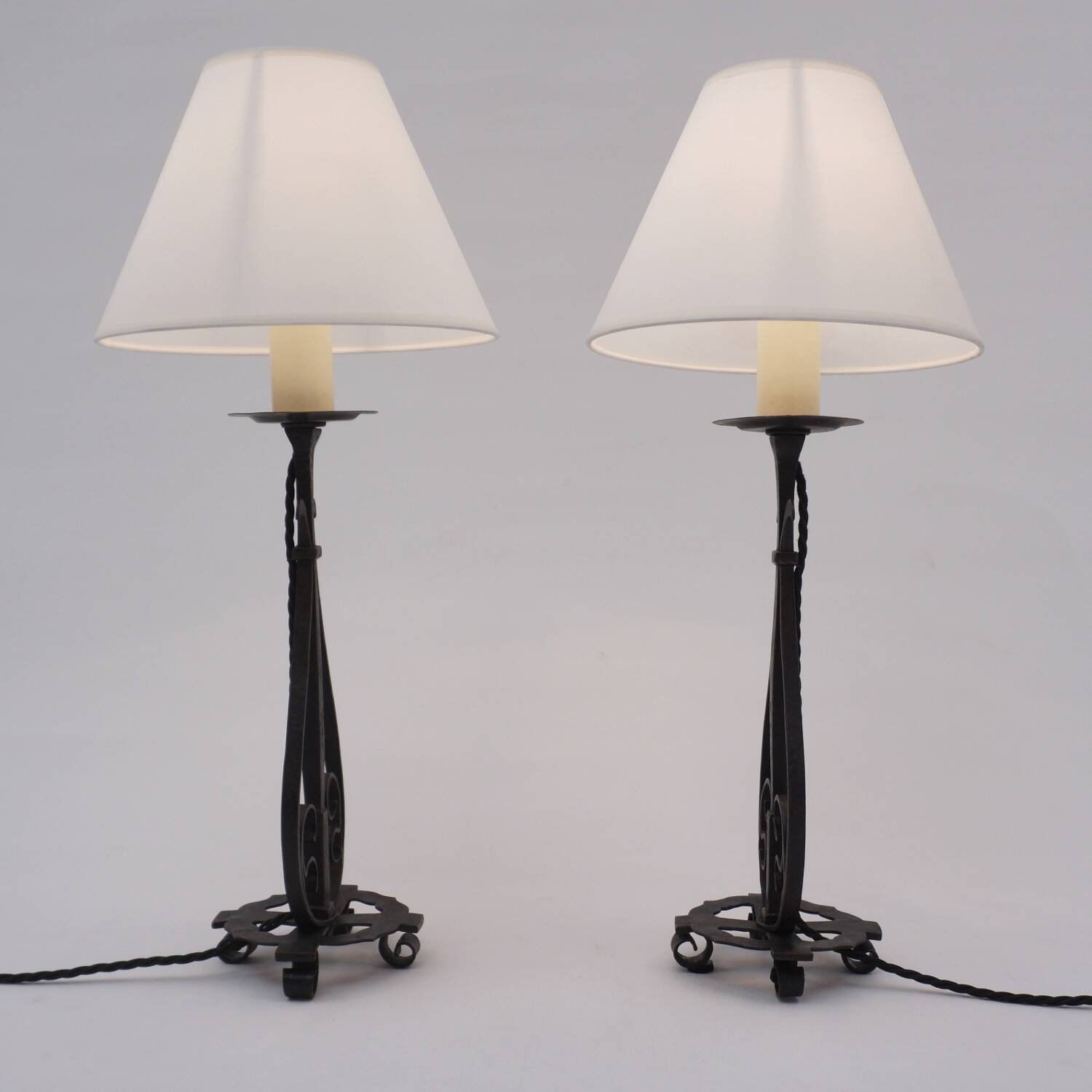Arts & Crafts pair antique wrought iron table lamps 1920's English, rewired