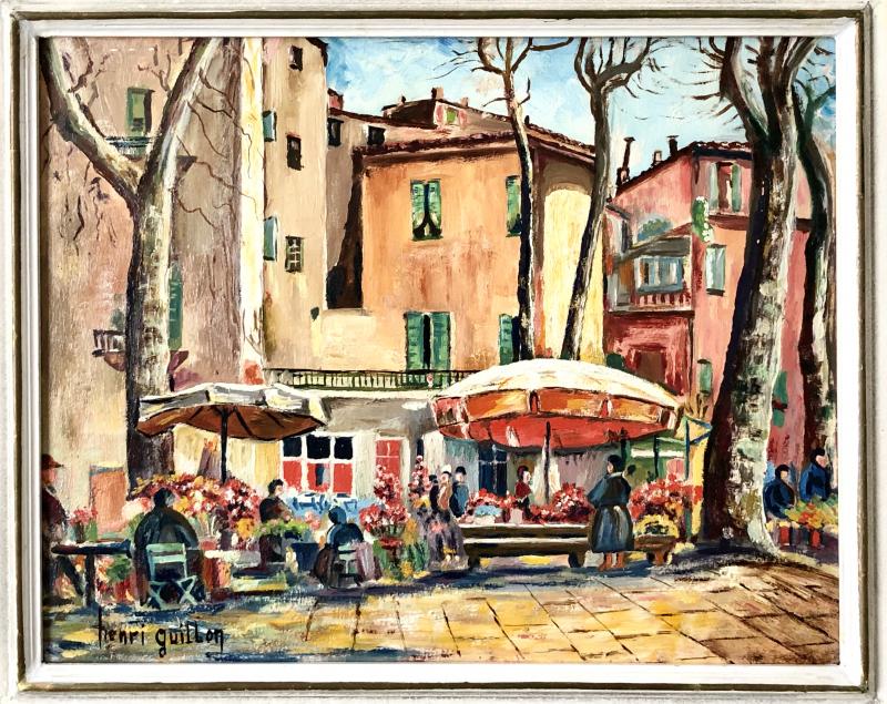 Tableau marché aux fleurs à Menton Henri Guillon