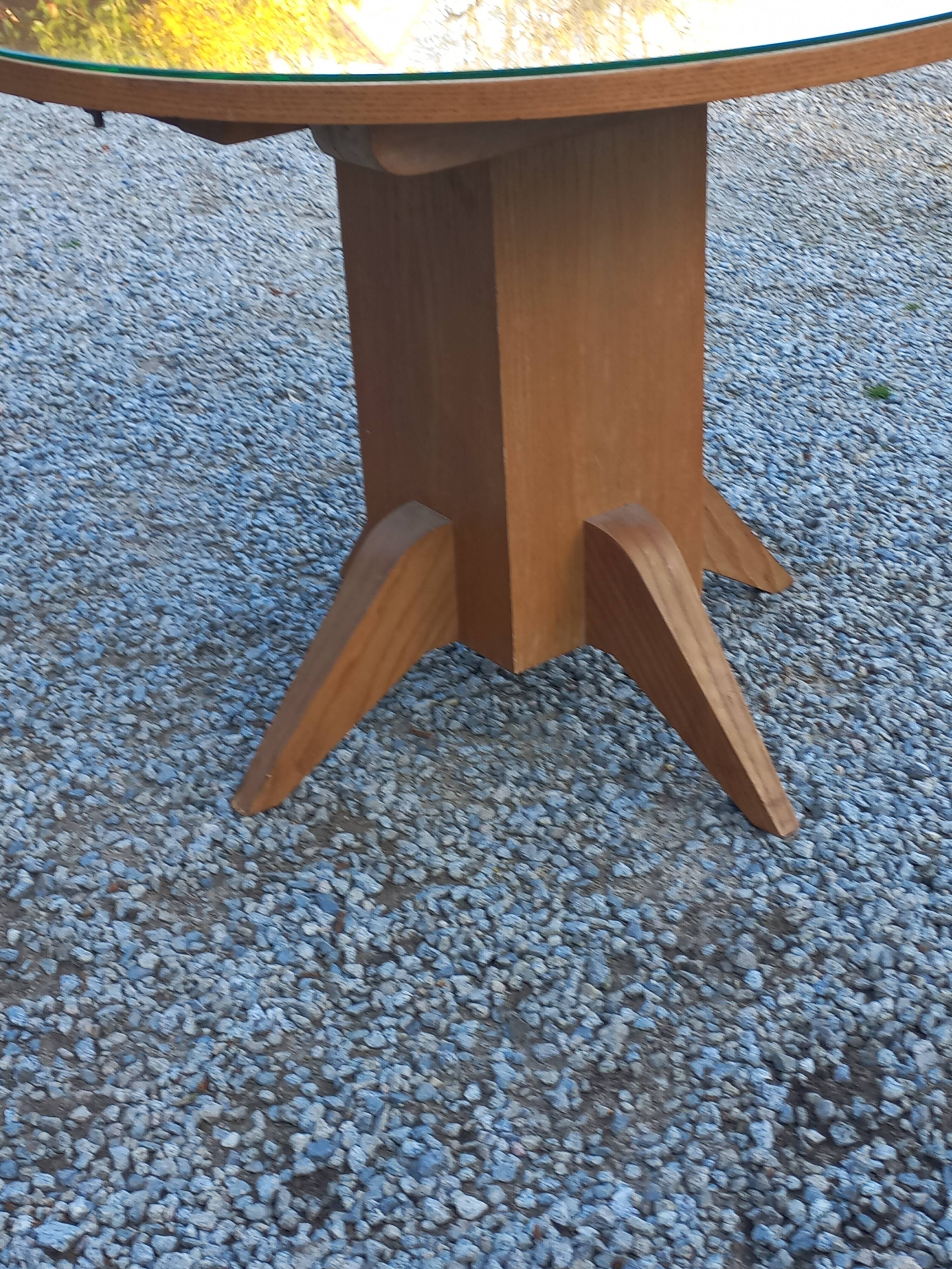 1950s round oak table, 2 heights, central quadripod leg