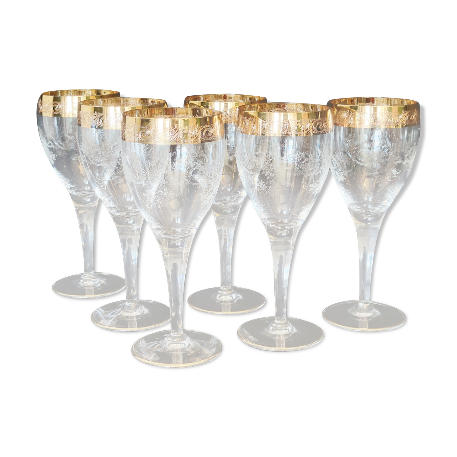 6 old wine glasses in engraved crystal and gold