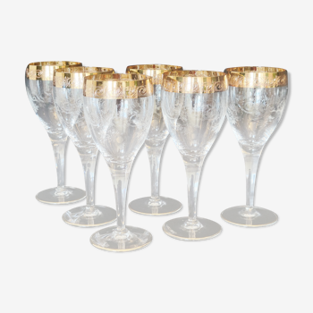 6 old wine glasses in engraved crystal and gold