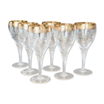 6 old wine glasses in engraved crystal and gold