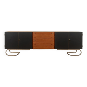 Classic sideboard from the 1960s, teak veneer, black doors, Bauhaus stainless steel feet