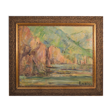 Impressionist seascape with cliffs - oil on canvas