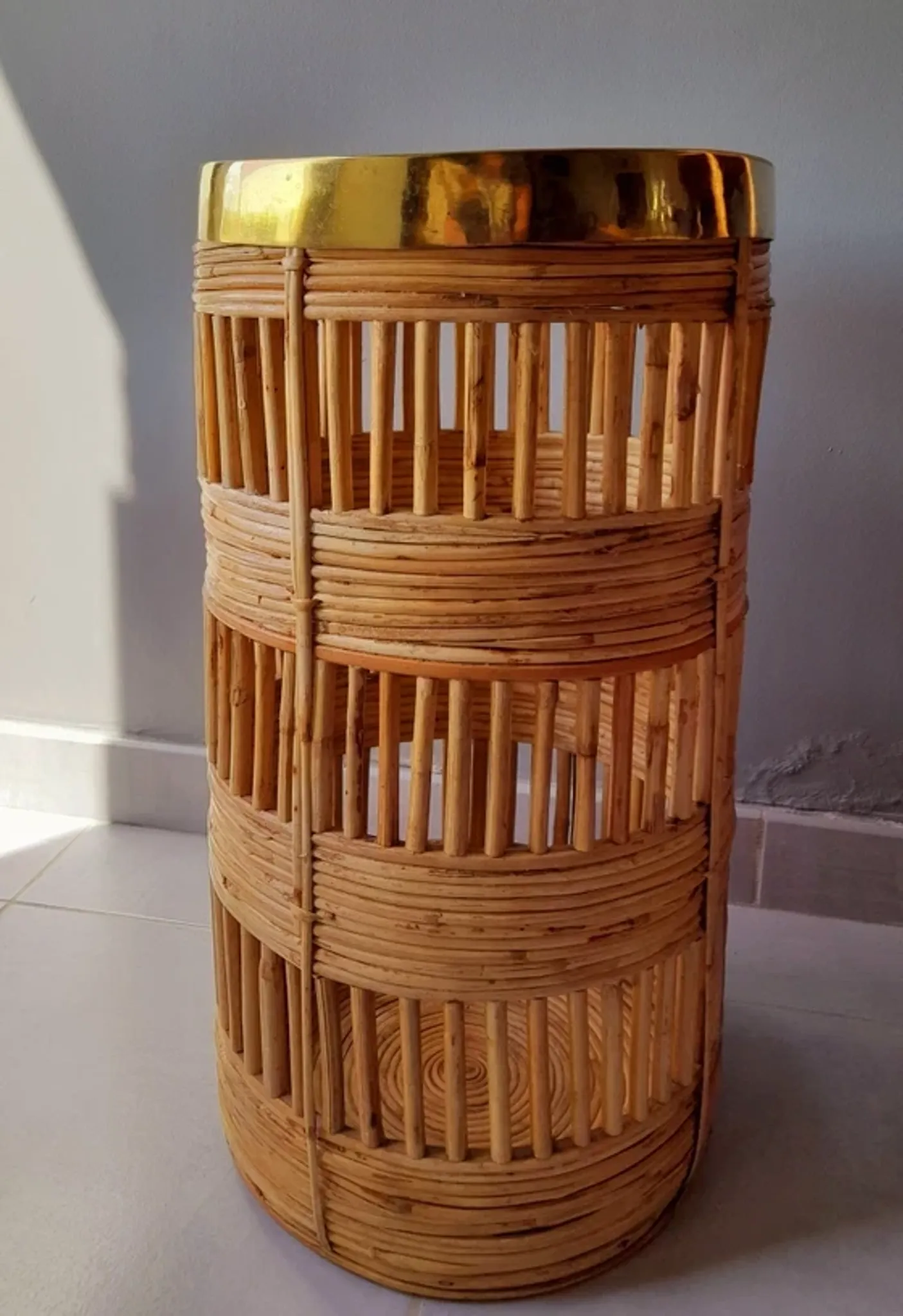 Brass and rattan umbrella stand 1970