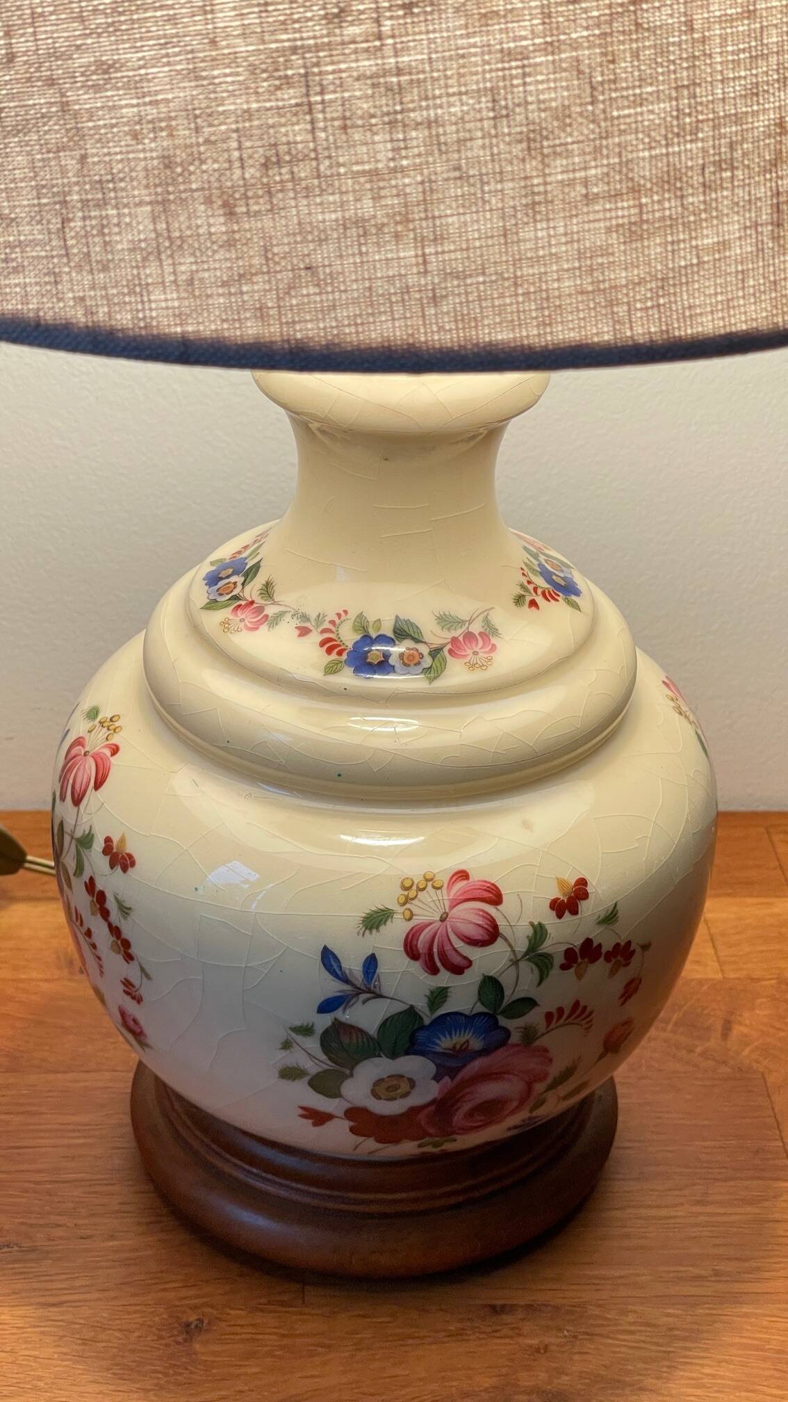 Vintage Ceramic Lamp with Wooden Base