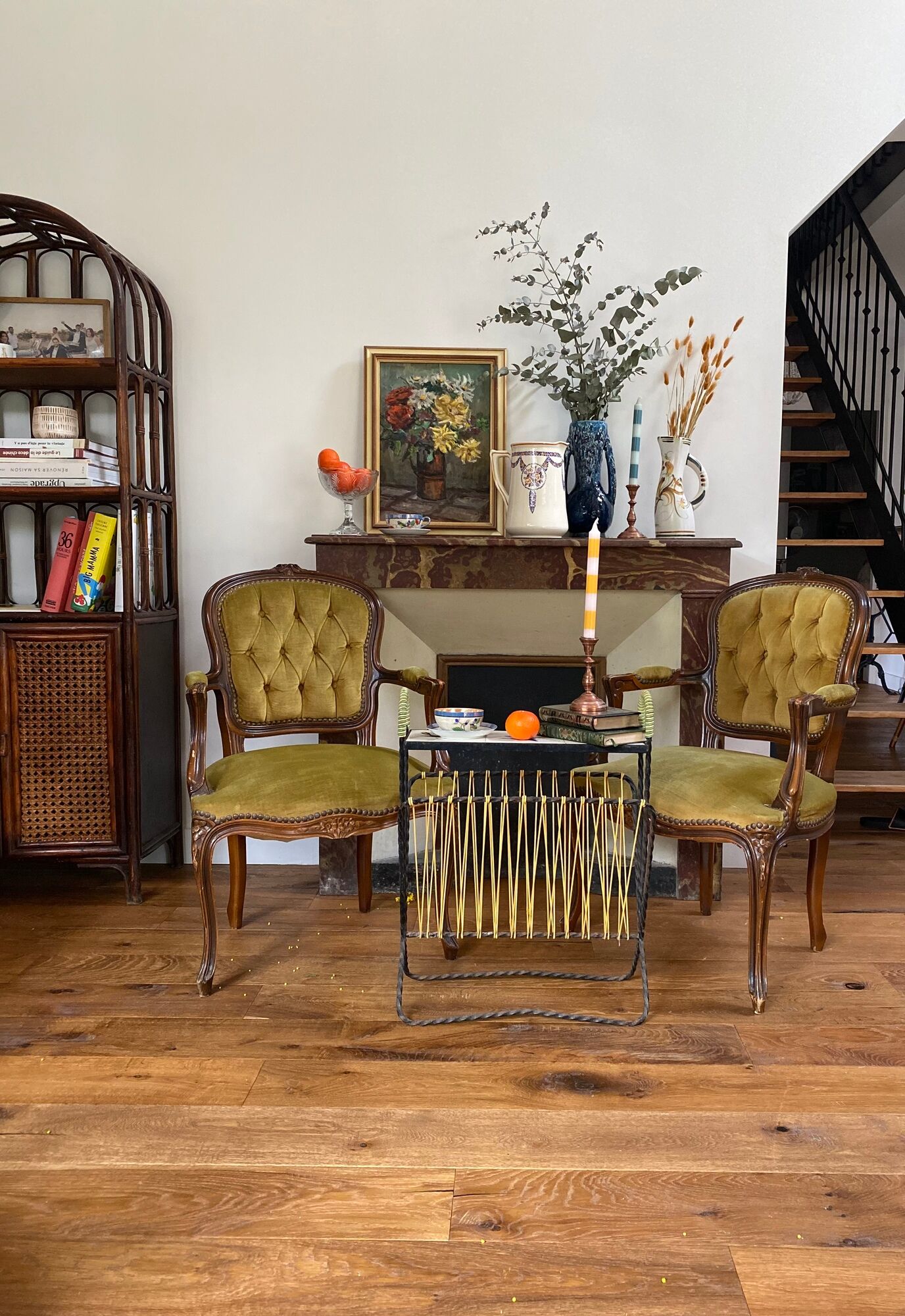 Cabriolets or Bergère armchairs Louis XV style in light green upholstered velvet