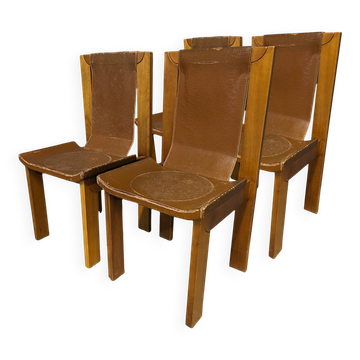 Set of 4 chairs in elm and leather by Luigi Gorgoni.