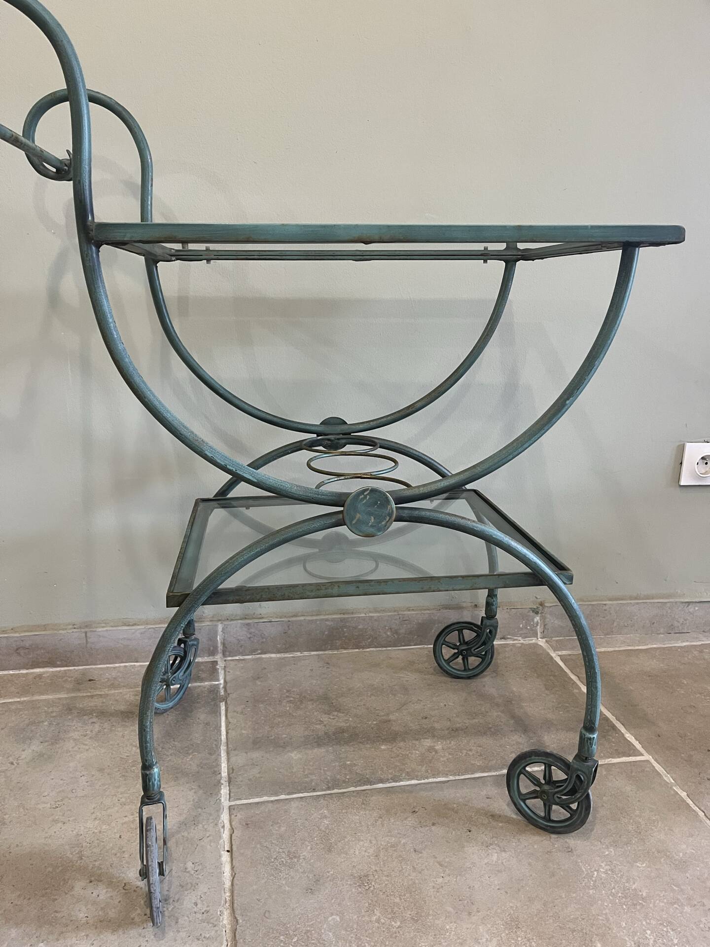 Patinated green-grey wrought iron dessert table