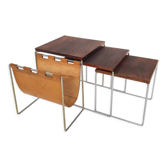 Tables gigognes palissandre et cuir du milieu du siècle par Brabantia, Pays-Bas Années 1950