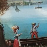 Antique trumeau with romantic decor, oil on canvas, mirror, late 19th and early 20th century