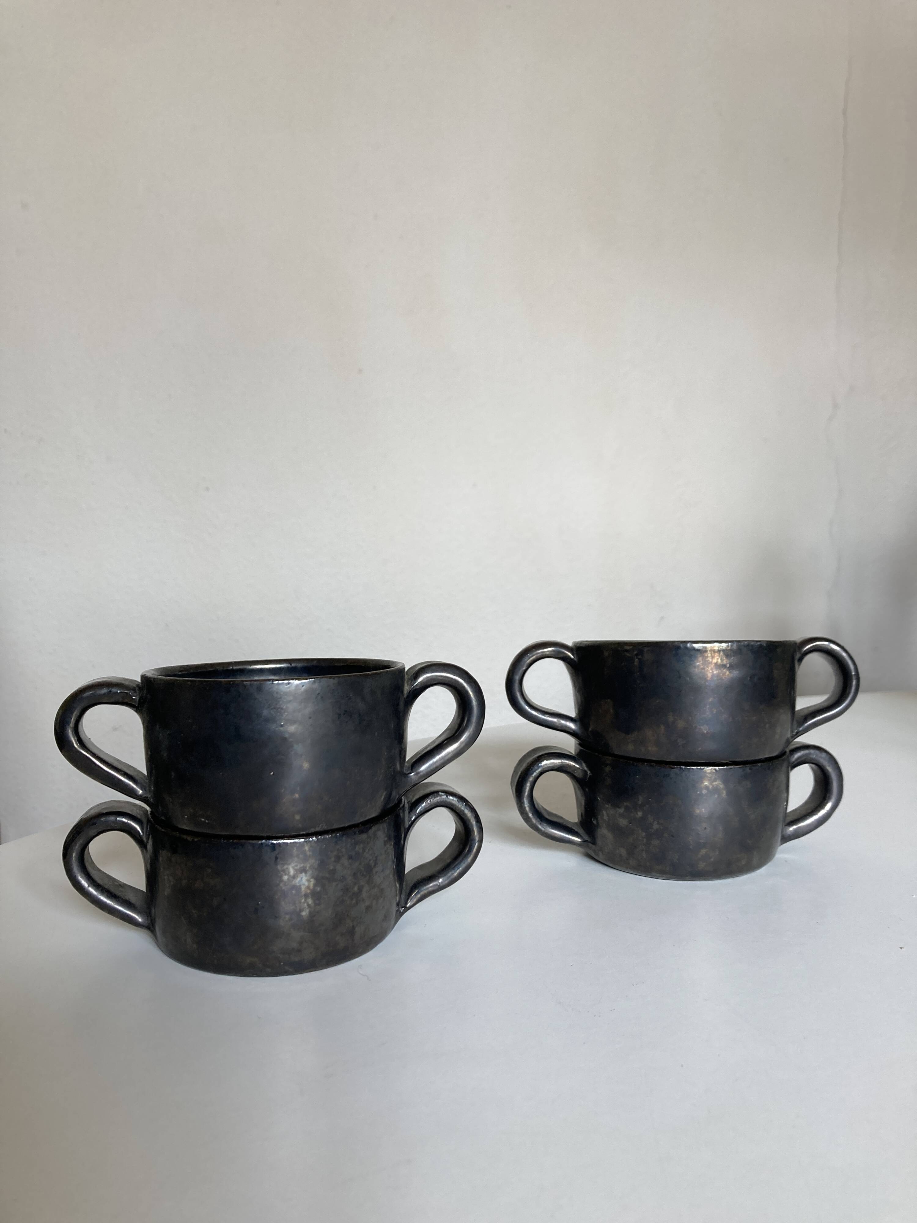 Set of 4 handled bowls Robert Picault 1960 Vallauris