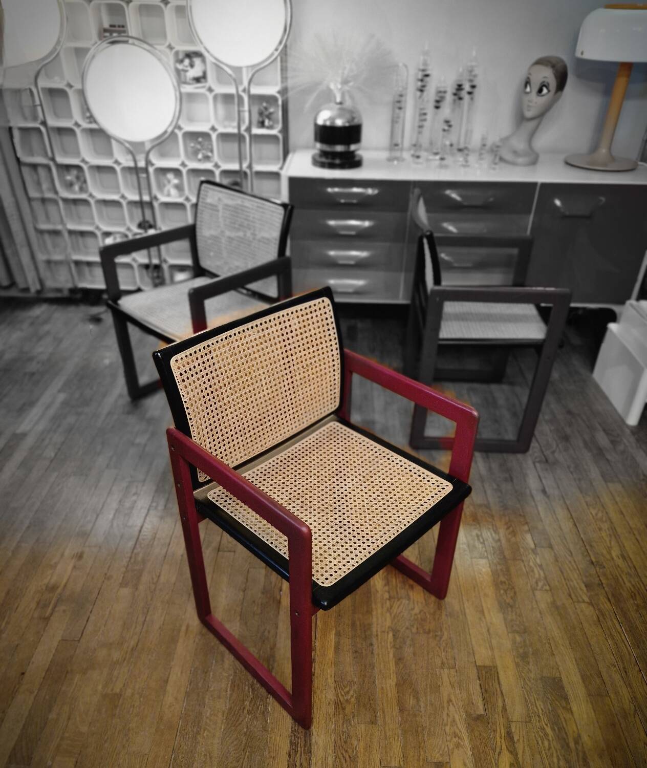 Pascal Mourgue rare set of 3 caned sleigh armchairs in lacquered wood for vintage 80s triconfort