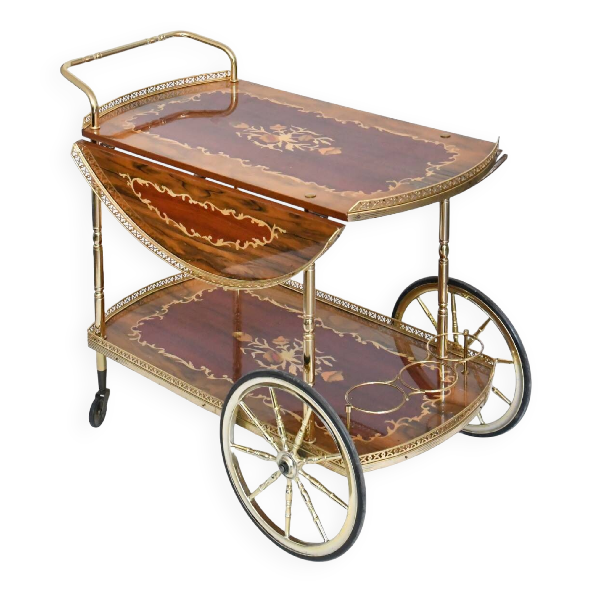 Serving table and rolling bar with drop leaves featuring floral marquetry decoration.