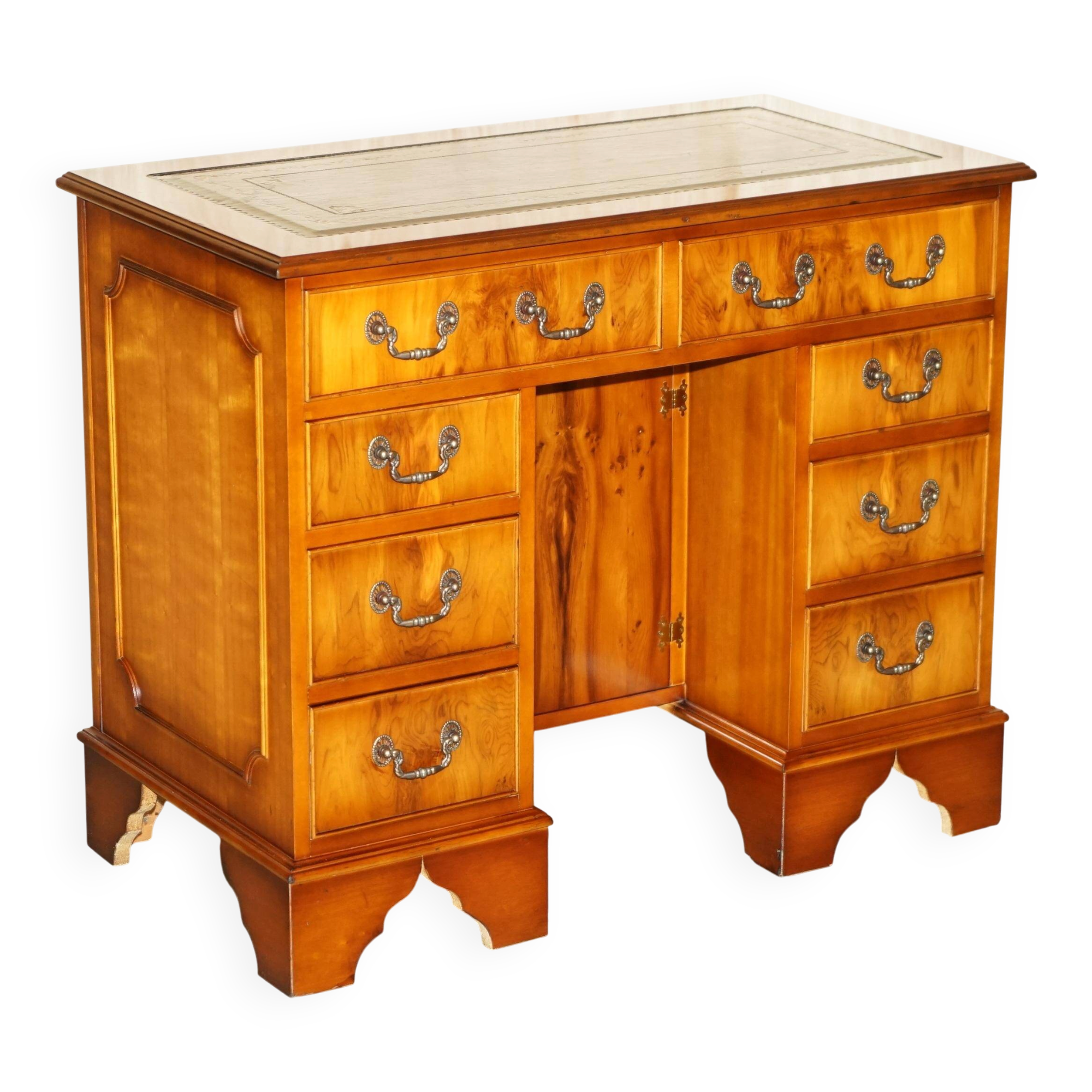 Bureau à deux caissons en bois de if frisé et cuir