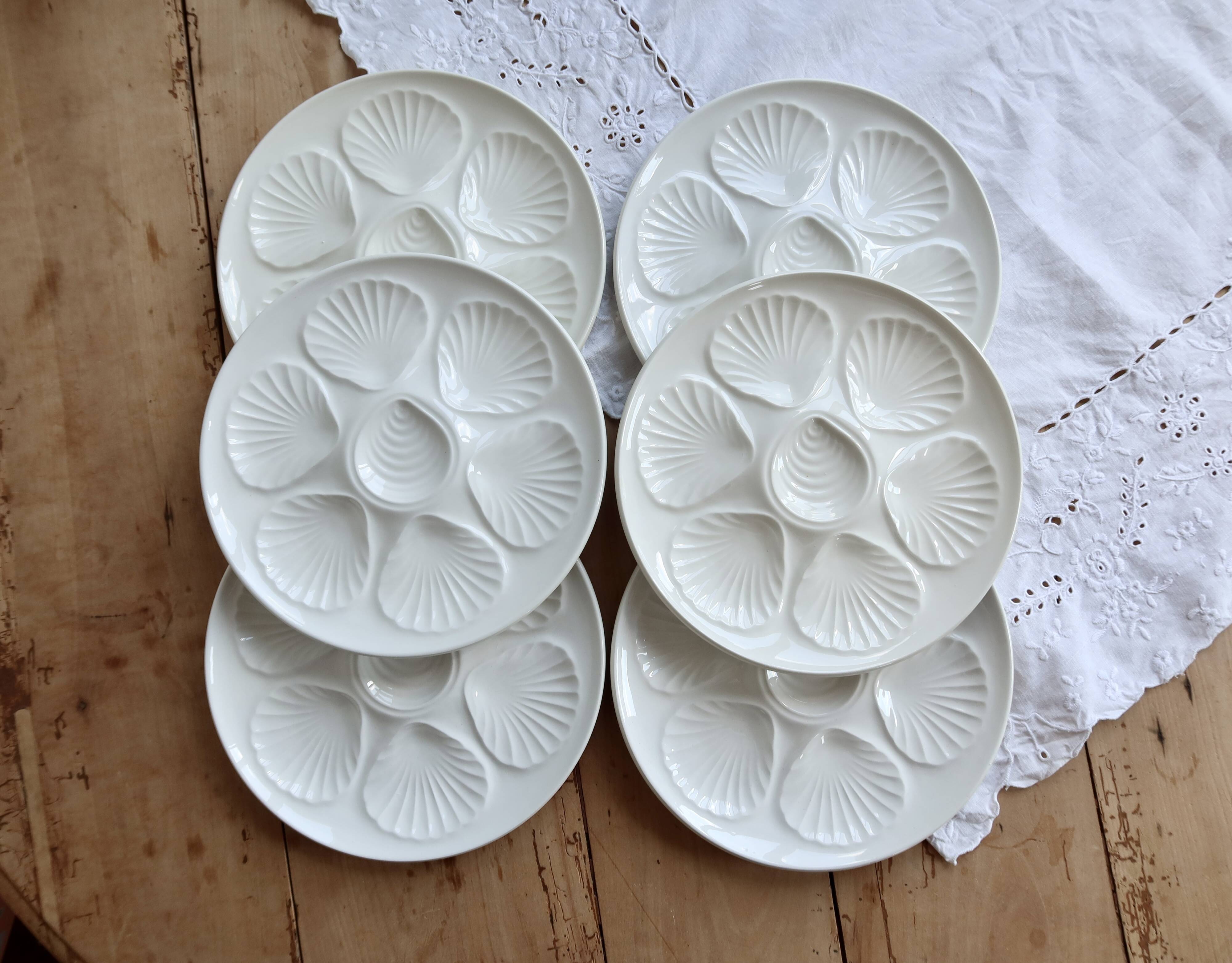 6 vintage white earthenware oyster plates
