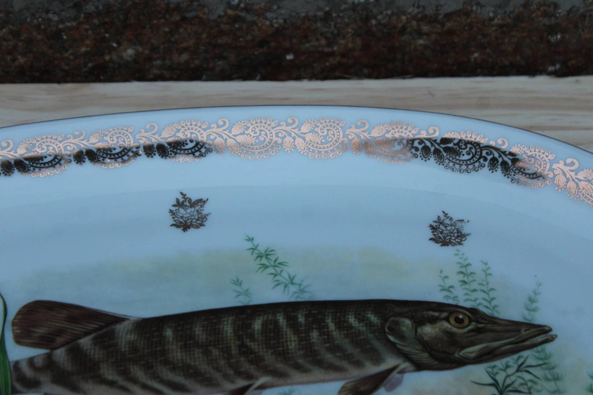 Large French porcelain dish L.C – Painted pike & gilded frieze