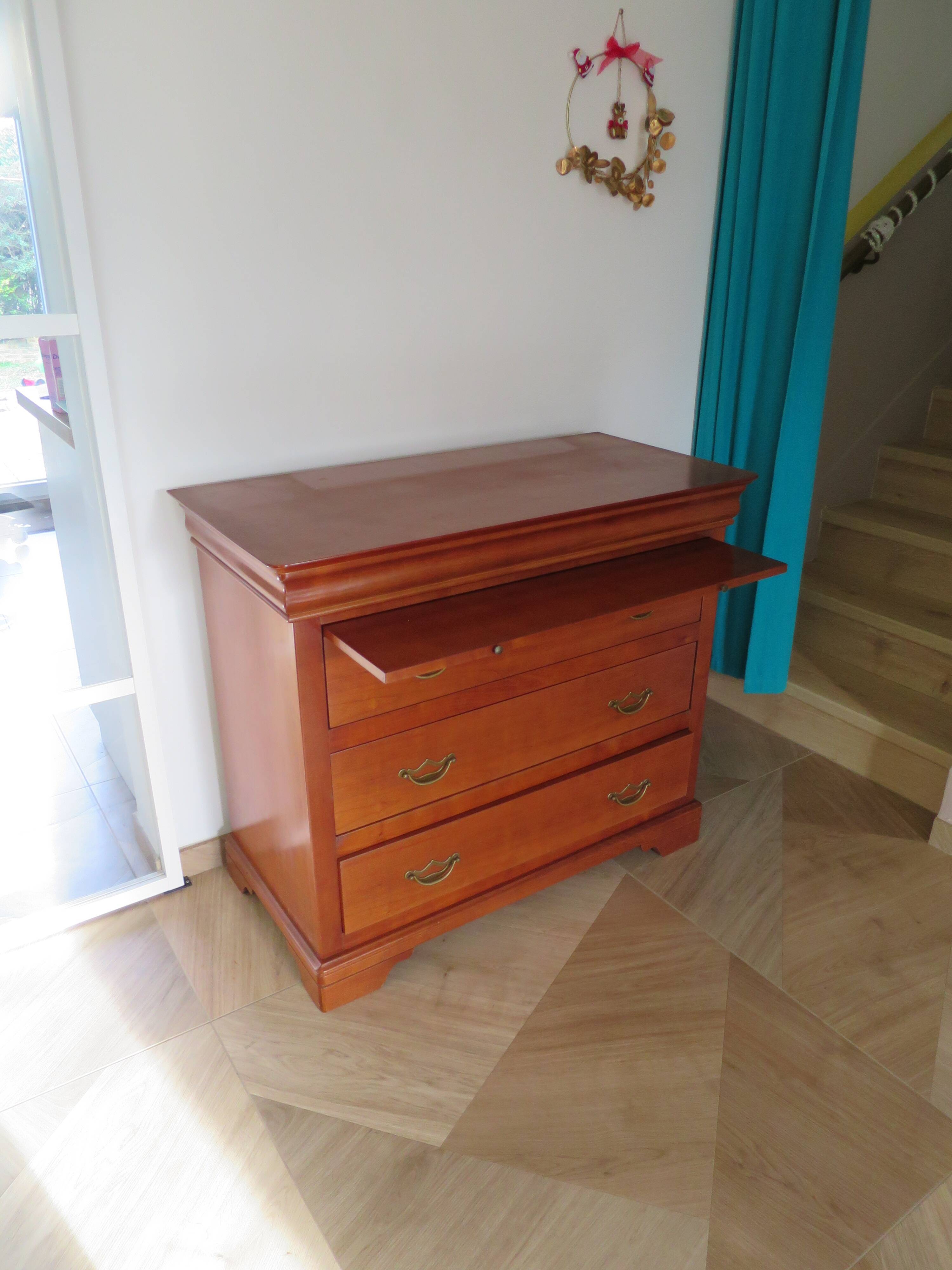 3-drawer chest of drawers with sliding shelf - Louis Philippe style - cherry color