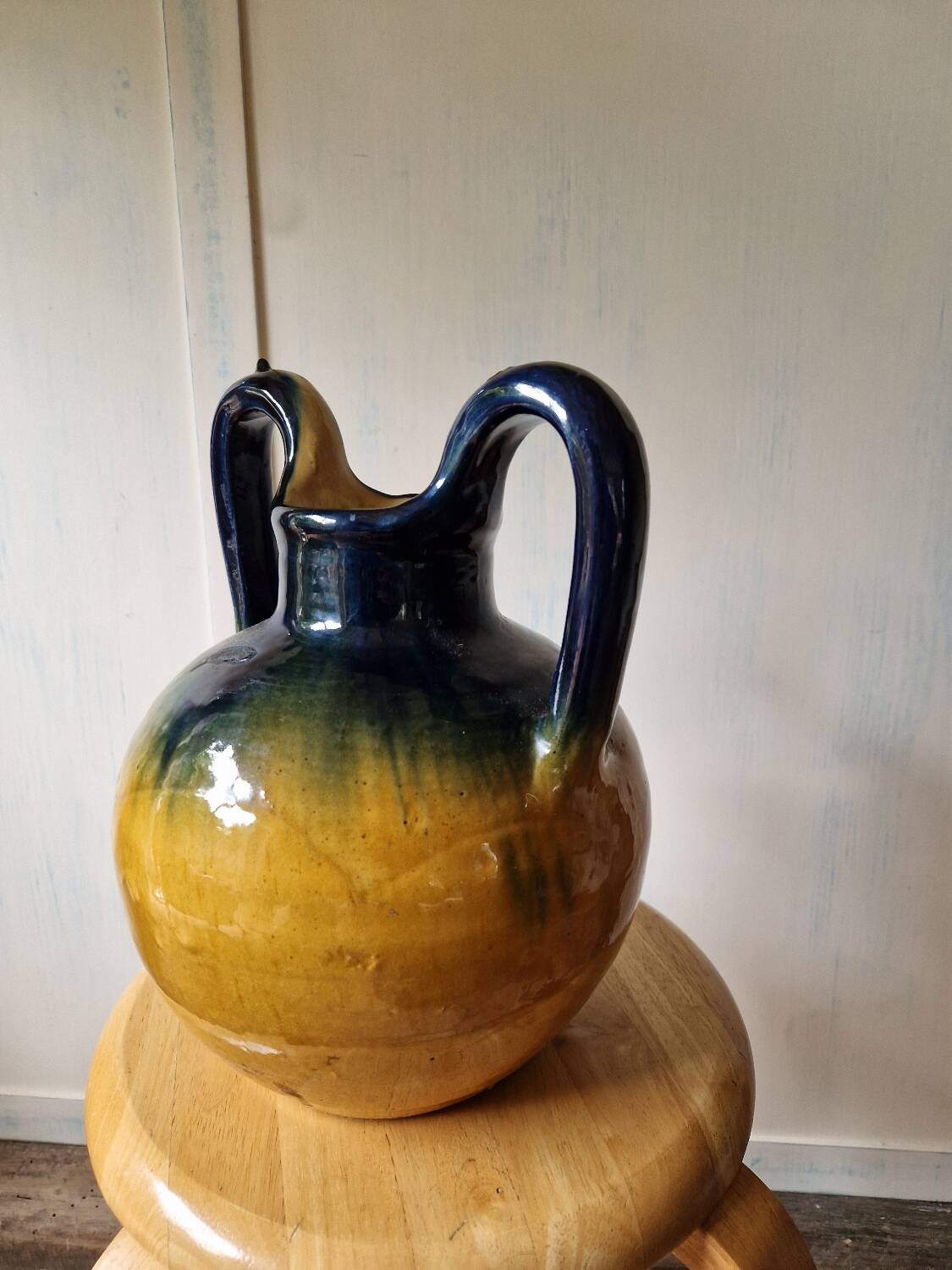 Pottery, jar, old jug in yellow and green glazed terracotta
