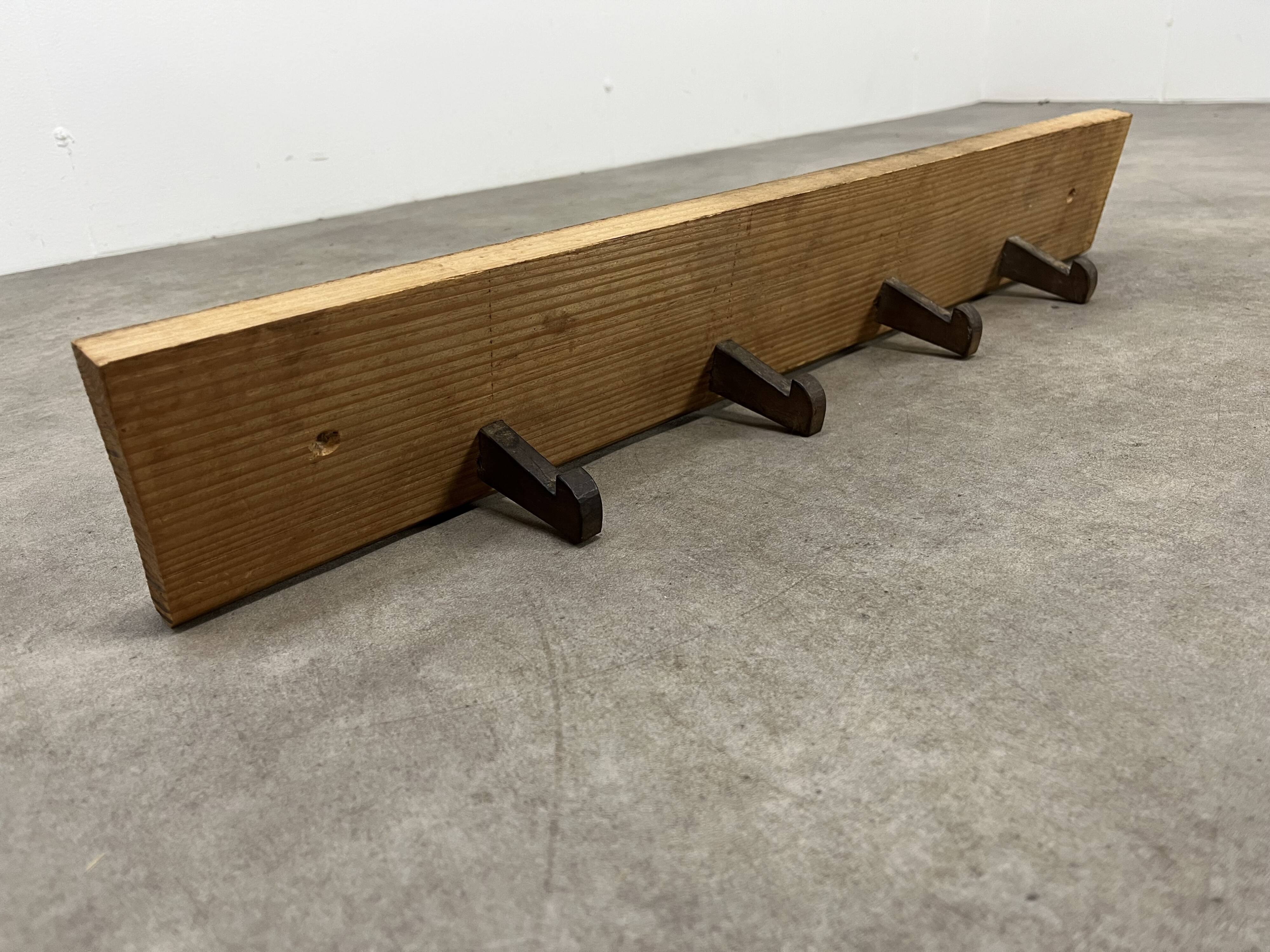 Brutalist pine chalet style wall coat rack, 4 hooks