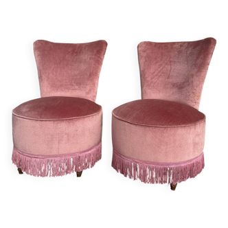 Pair of frog armchairs in pink velvet