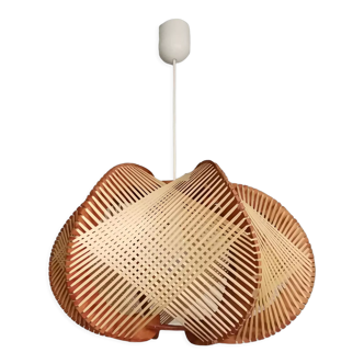 Portuguese mid century wood straw wooden hanging light fixture lamp 1960s