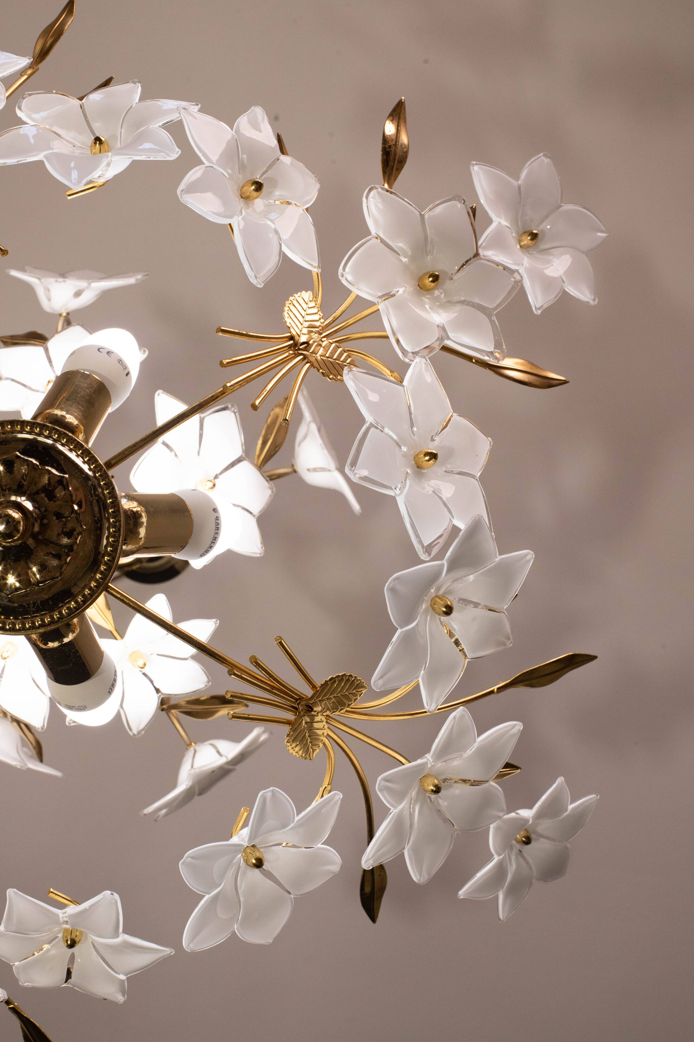 Vintage Murano Glass Chandelier White Flowers, 1970