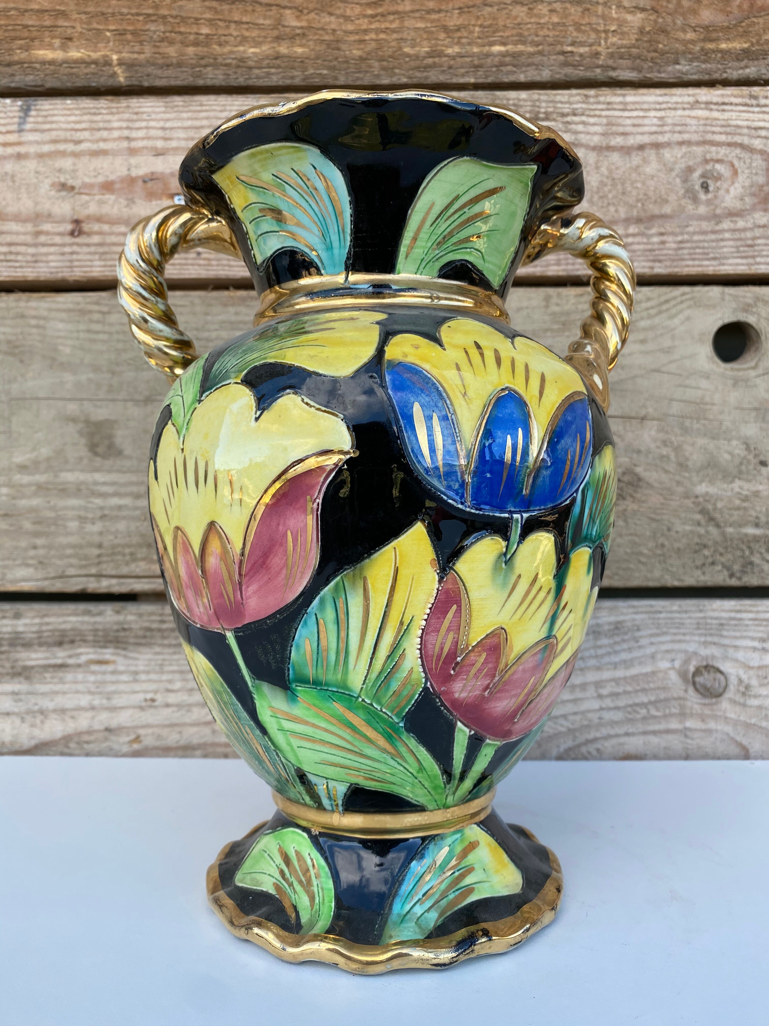 Vintage ceramic vase 1960 Vallauris flowers