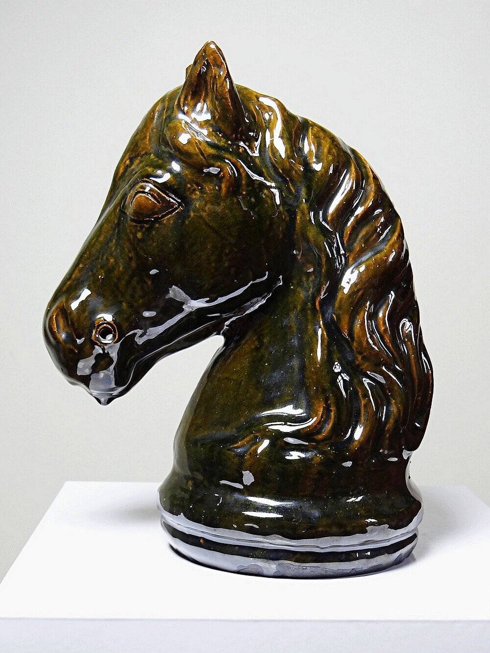 Vintage 1980s glazed terracotta chess knight or horse head.