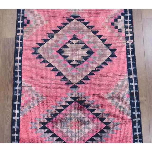 1970s Turkish Handmade Wool Pink Runner 81x363