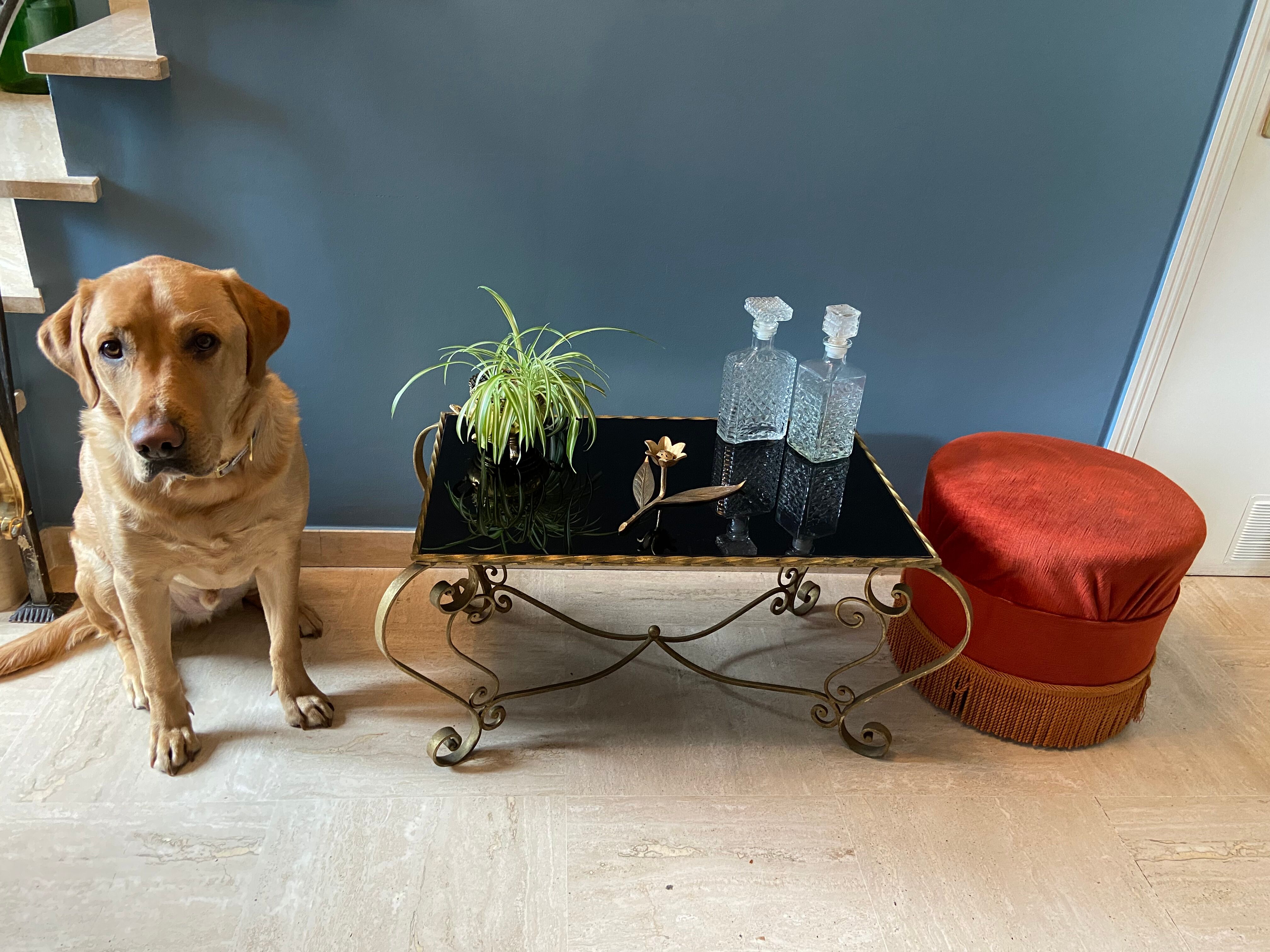 Table basse en métal doré et verre noir 1960