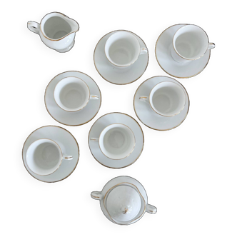 Vintage porcelain tea/coffee service with gold edging for 6 people, sugar bowl and milk jug