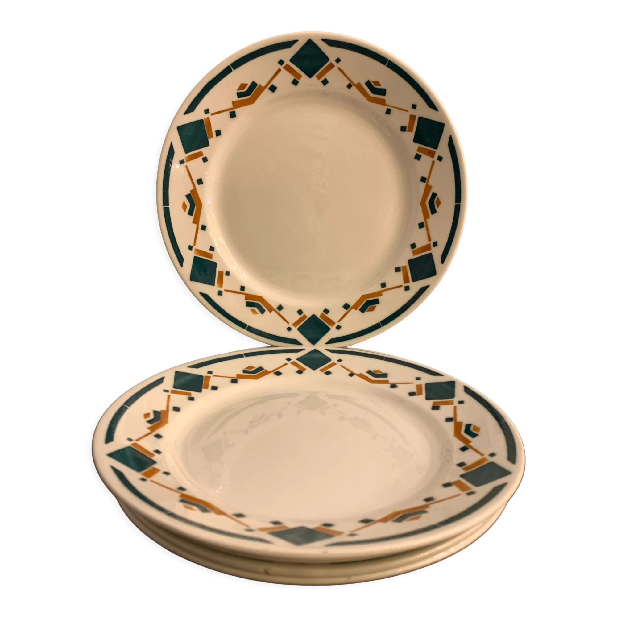 5 flat art deco plates signed Badonviller, Sans Souci model