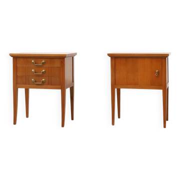 Pair of mid-century bedside tables with brass handles, France, 1950s