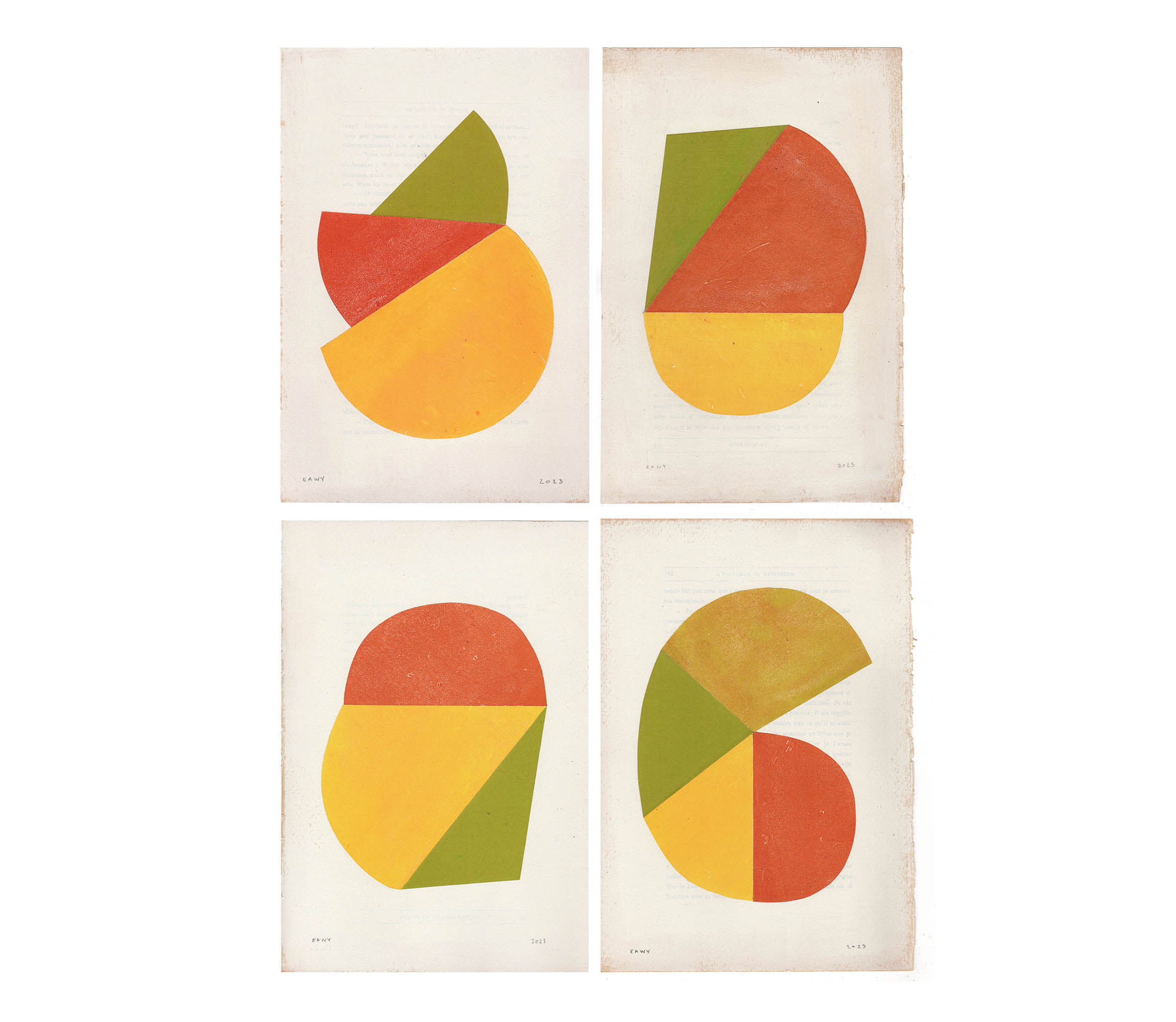 Series of 4 collages on old paper signed Eawy