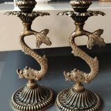 Pair of Art Nouveau style Koi Carp Candlesticks. In old gold patinated bronze.