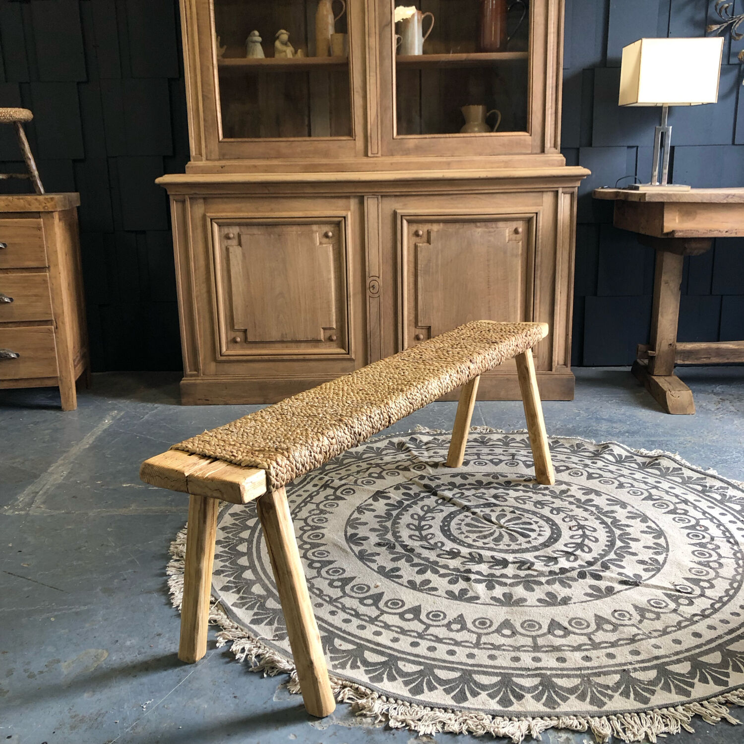 Handmade bench, wood and water hyacinth