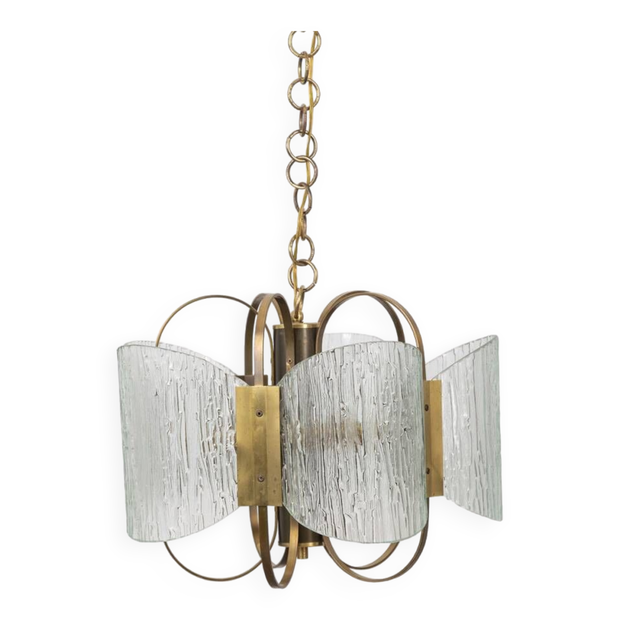 Vintage 60's chandelier in brass and worked glass italian design