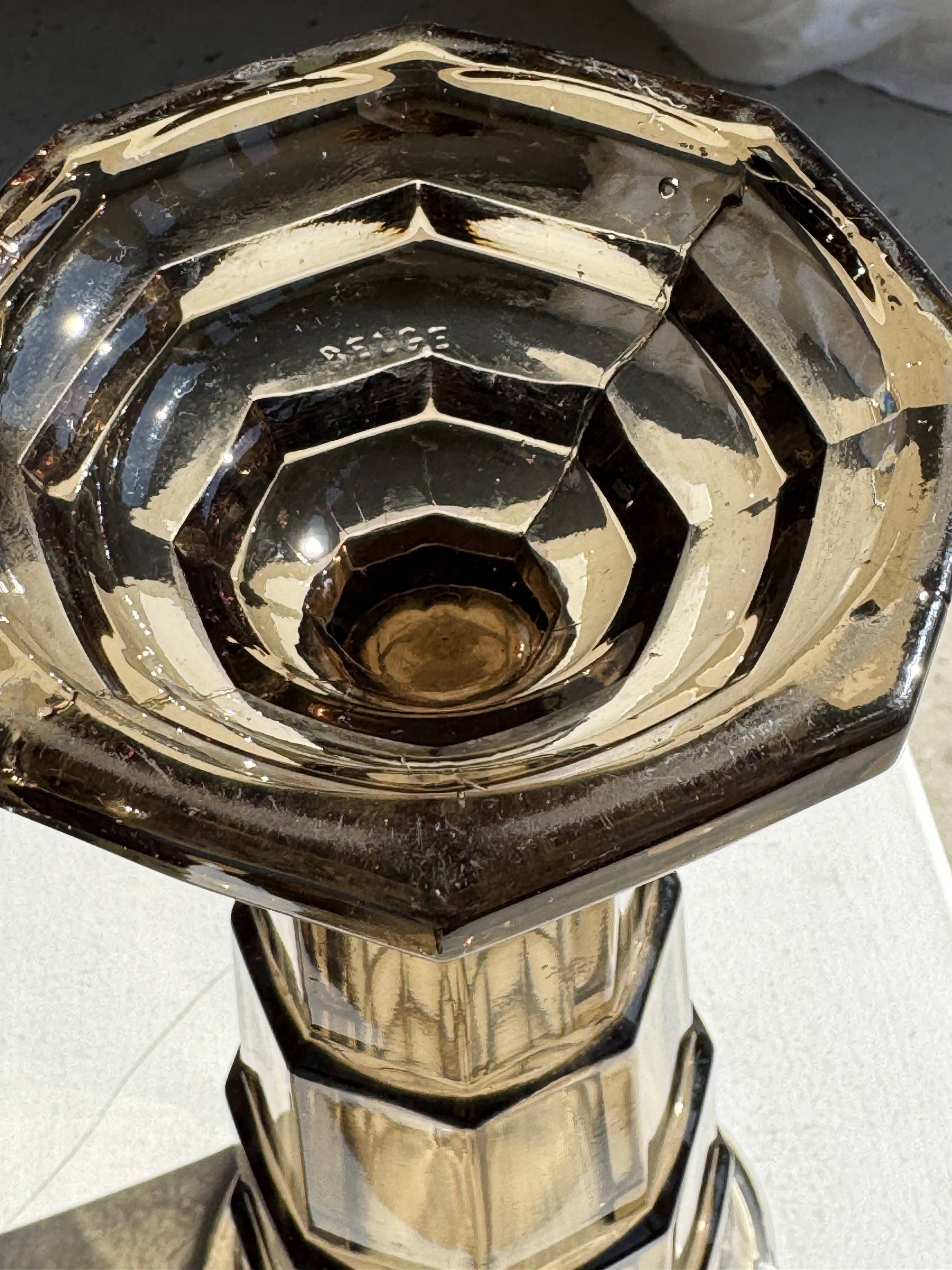 Flared Art Deco vase in smoked moulded glass with steps H30 W13.5