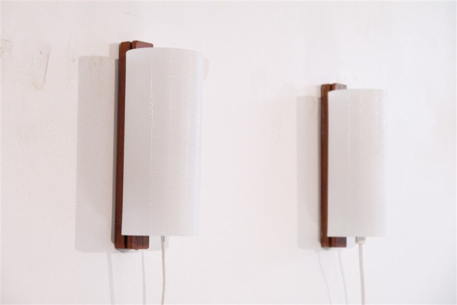 Pair of vintage Scandinavian wall lights in teak and acrylic 1970