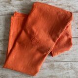 Old tablecloth & its 12 damask napkins numbered "JB" color apricot - linen - 12 covers