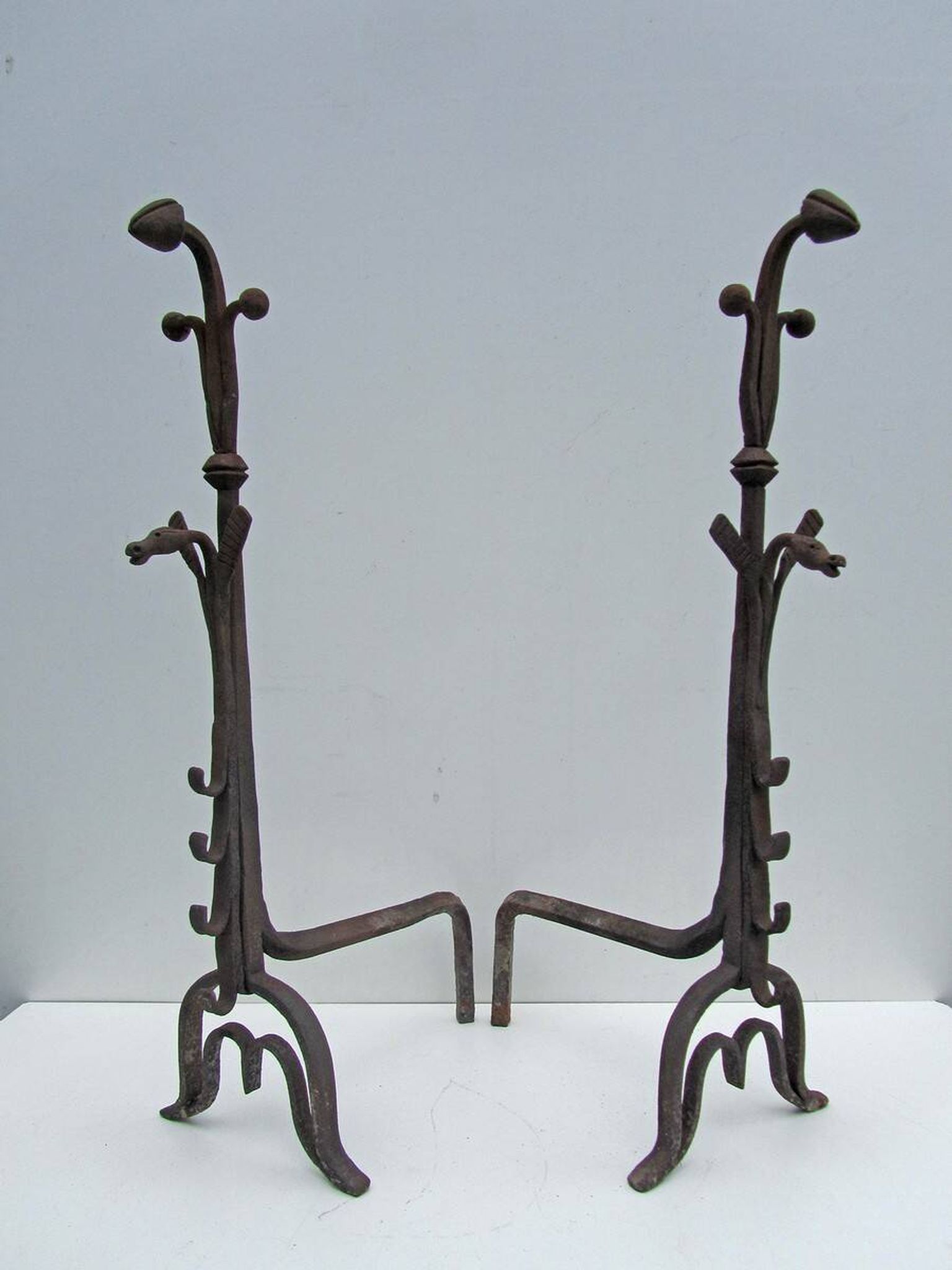 17th-18th Century Hand Forged Iron Dragon Gothic Andirons or Firedogs